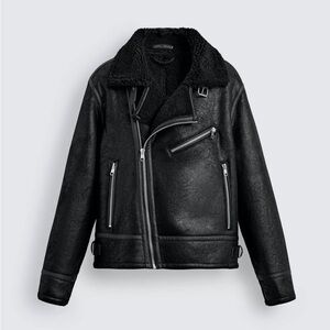 Zara Black Medium faux leather jacket with a tonal fleece interior.